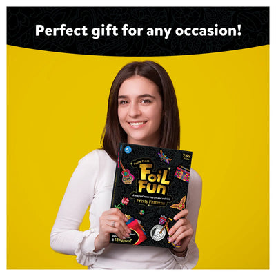 Young woman holding Foil Fun Pretty Patterns No Mess Art Kit for kids ages 7+