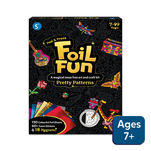 Foil Fun Pretty Patterns art and craft kit with colorful foil sheets, foam stickers, and magnets