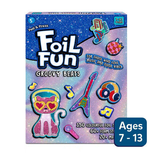 Foil Fun Groovy Beats sticker and craft kit for ages 7 to 13 displayed in Foil Fun Groovy Beats No Mess Magnetic Art Kit