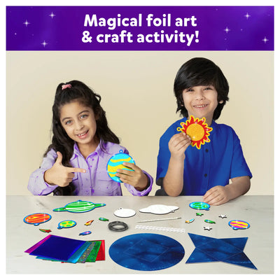 Children creating solar system foil art with the Foil Fun Solar System No Mess Art Kit