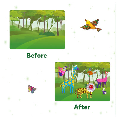 Before and after forest scene with animals added from Foil Fun World Of Animals Art Kit