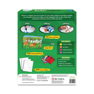 Children’s foil art activity kit with various materials for creative animal designs