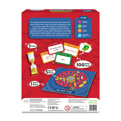 Young girl holding Found It Board Game box for smart scavenger hunt ages 6+