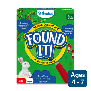 Kids playing Found It Outdoor Edition smart scavenger hunt game outdoors