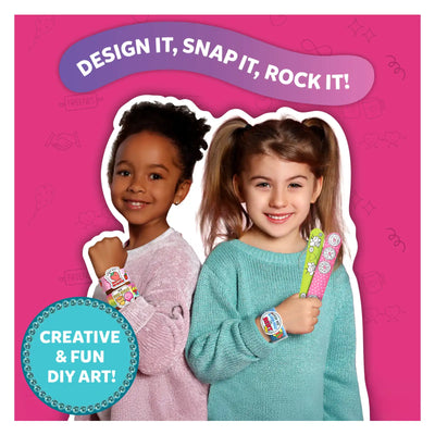 Two smiling young girls holding colorful customizable Snap Bandz slap bracelets for kids