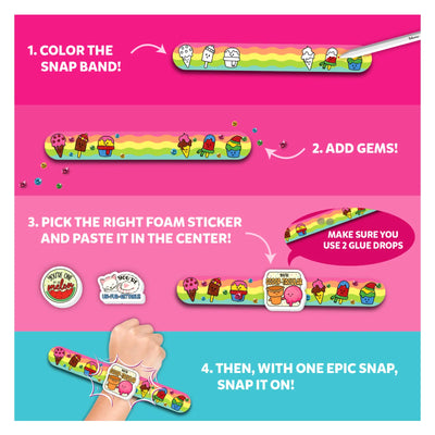 Instructions for decorating and wearing a colorful customizable Snap Bandz bracelet for kids