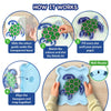 Step-by-step visual guide showing how to create the Skillmatics Stixels Sea Turtle wall decor. Images demonstrate placing the color guide beneath the transparent base, matching and inserting Stixels by color, filling the design, attaching it to the frame, and displaying the finished artwork.