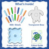 Contents of the Skillmatics Stixels The Sea Turtle kit displayed on a light background, including 400+ colorful Stixels in blue, green, pink, and orange, a transparent turtle-shaped base, a decorative display frame measuring 10.6 x 9 inches, and a printed sea turtle color guide.