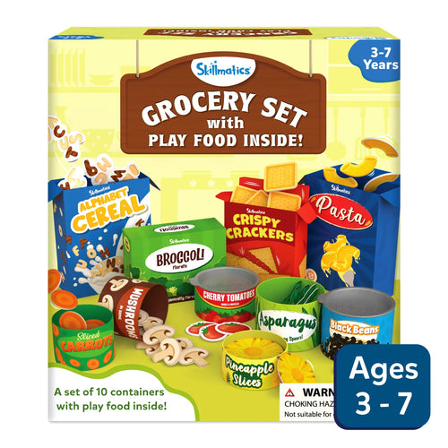 Skillmatics grocery set with 10 play food containers for realistic pretend play ages 3-7