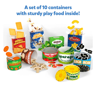 Set of 10 colorful play food containers with assorted pretend food pieces for kids ages 3-7
