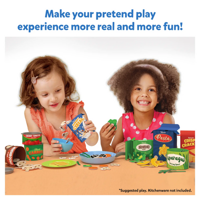Two young girls playing with pretend grocery food items for realistic pretend play