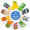 Diverse collection of play food items including pasta vegetables fruits crackers cereal for pretend play