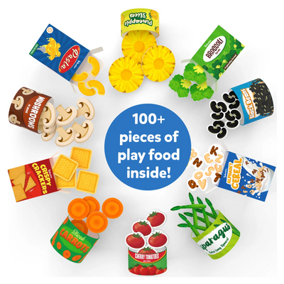 Diverse collection of play food items including pasta vegetables fruits crackers cereal for pretend play