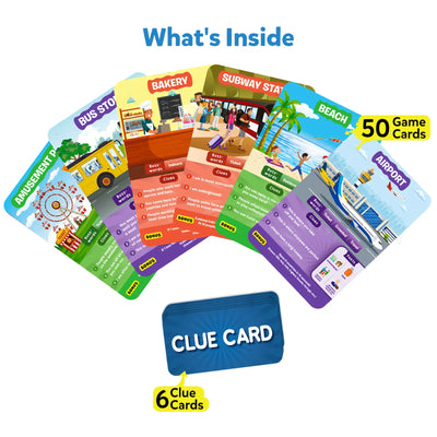 Educational game cards and clue cards from Guess in 10 All Around The Town trivia game