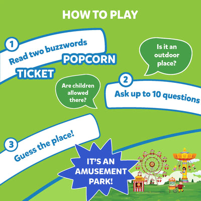 Green infographic illustrating how to play Guess in 10 All Around The Town trivia game