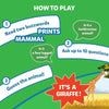 Instructional infographic for Guess in 10 Animal Kingdom trivia card game for ages 6+