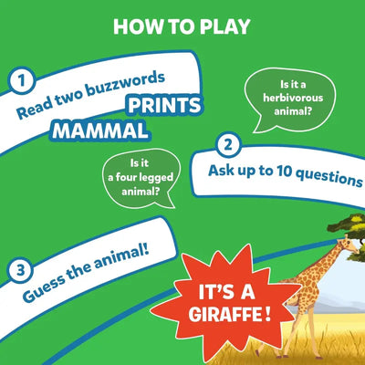 Instructional infographic for Guess in 10 Animal Kingdom trivia card game for ages 6+