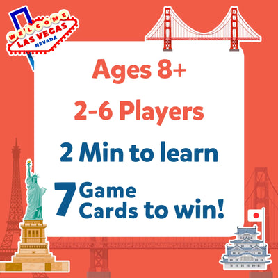 Graphic advertising Guess in 10 Cities Around The World trivia game for ages 8+ with 7 cards to win