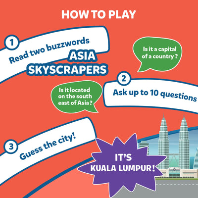 Instruction sheet for Guess in 10 Cities Around The World trivia card game