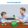 Board game with green card holder and cards from Guess in 10 Deadly Dinosaurs trivia game