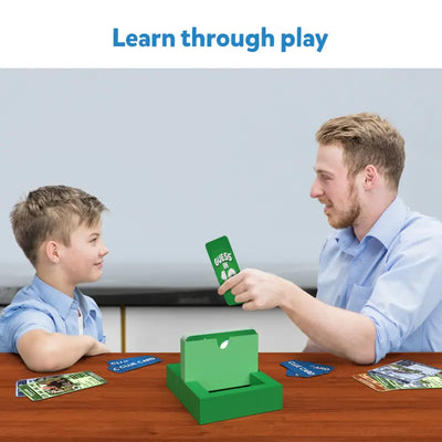 Board game with green card holder and cards from Guess in 10 Deadly Dinosaurs trivia game