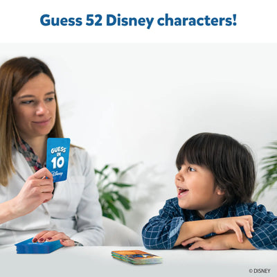 Guess in 10 Disney trivia card game set for ages 6 and up featuring colorful Disney characters