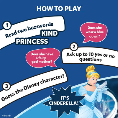 Blue-themed How to Play guide for Disney character guessing game in Guess in 10 Trivia card game