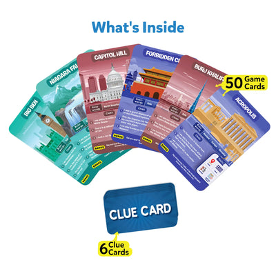 Educational game cards featuring famous landmarks and clues from Guess in 10 Legendary Landmarks