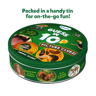 Green round tin with Guess in 10 Picture Clues Animal Planet game cards for ages 6+