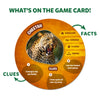 Circular animal trivia card featuring a cheetah with facts and clues for Guess in 10 game
