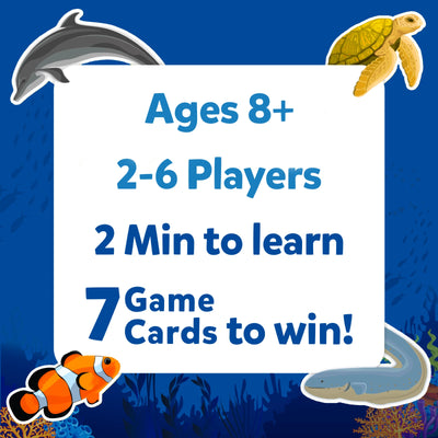 White sign with game info and four sea creatures for Guess in 10 Underwater Animals trivia game