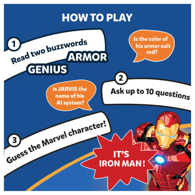 Instruction manual for Marvel character guessing game in Guess in 10 Trivia Card Game