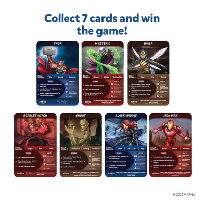 Set of seven collectible Marvel character cards from Guess in 10 Marvel trivia game for ages 8+
