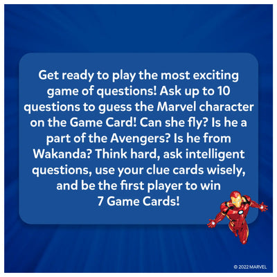 Instructions for Marvel-themed Guess in 10 Trivia Card Game for ages 8+
