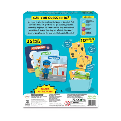Children playing Guess in 10 Junior community helpers trivia card game with cards and tiles