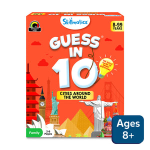 Board game box for Guess in 10 Cities Around the World trivia card game for ages 8+