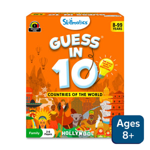 Orange box for Guess in 10 Countries of the World trivia card game for ages 8+