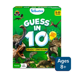 Green board game box featuring dinosaurs for Guess in 10 Deadly Dinosaurs trivia game