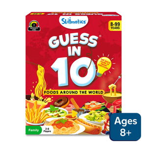 Red box for Guess in 10 Foods Around the World trivia card game for ages 8+