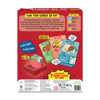 Red children’s guessing game box with food-themed cards and clues for ages 8+