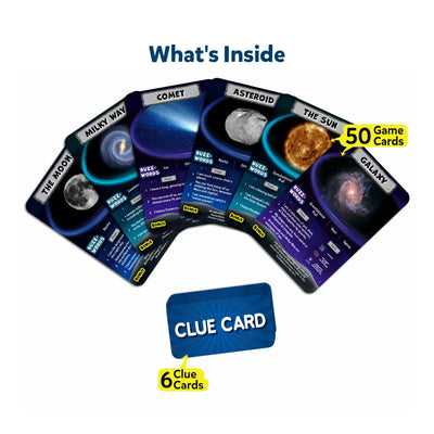 Space-themed educational game and clue cards from Guess in 10 All About Space trivia game