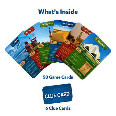 Game cards and clue cards featuring Indian landmarks for Guess in 10 Wonders of India game