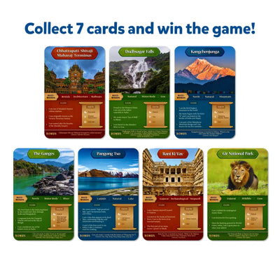 Educational playing cards featuring Indian landmarks and nature in Guess in 10 Wonders of India game