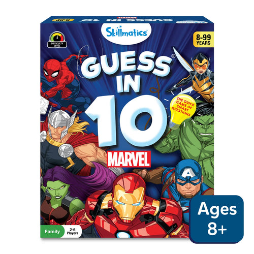Marvel-themed Guess in 10 trivia card game for ages 8 and up featuring superhero characters