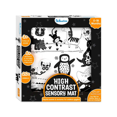 Black and white high contrast sensory cloth mat for infants with animal images and textured materials