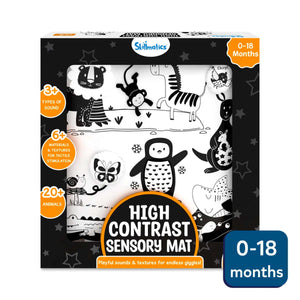 High contrast black and white sensory cloth mat for babies with animals sounds and textures