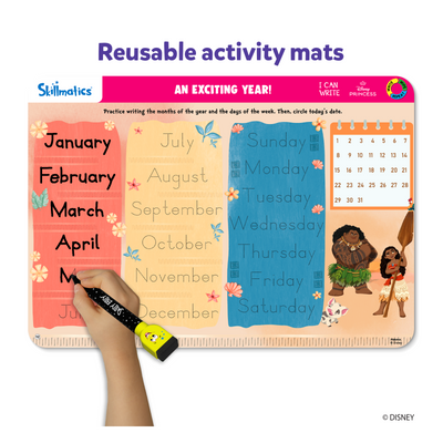 Educational activity mat with Disney Princesses for practicing writing months, days, dates