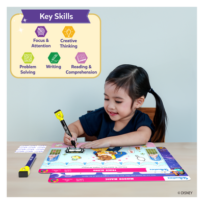 Young girl practicing writing with Disney Princesses tracing board and marker for ages 3-6
