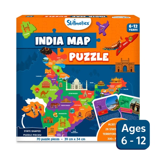 Colorful India map puzzle for children aged 6-12 with state-shaped pieces and info