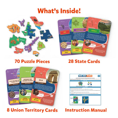 India map puzzle set with state and union territory cards for ages 6-12